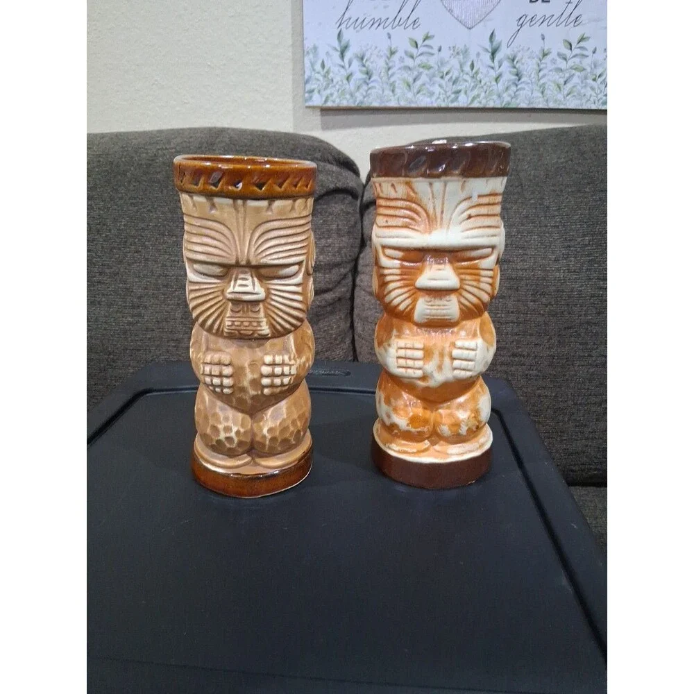 Vintage 1960s MCM Tiki, Tumbler Mug Cup, Trader Dick's,  Brown 7” Lot Of 2